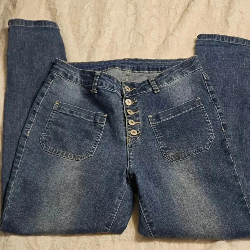 Women Medium Blue Button Fly Skinny Jeans Front Pocket Stretch Women's Sz M - Picture 5 of 10